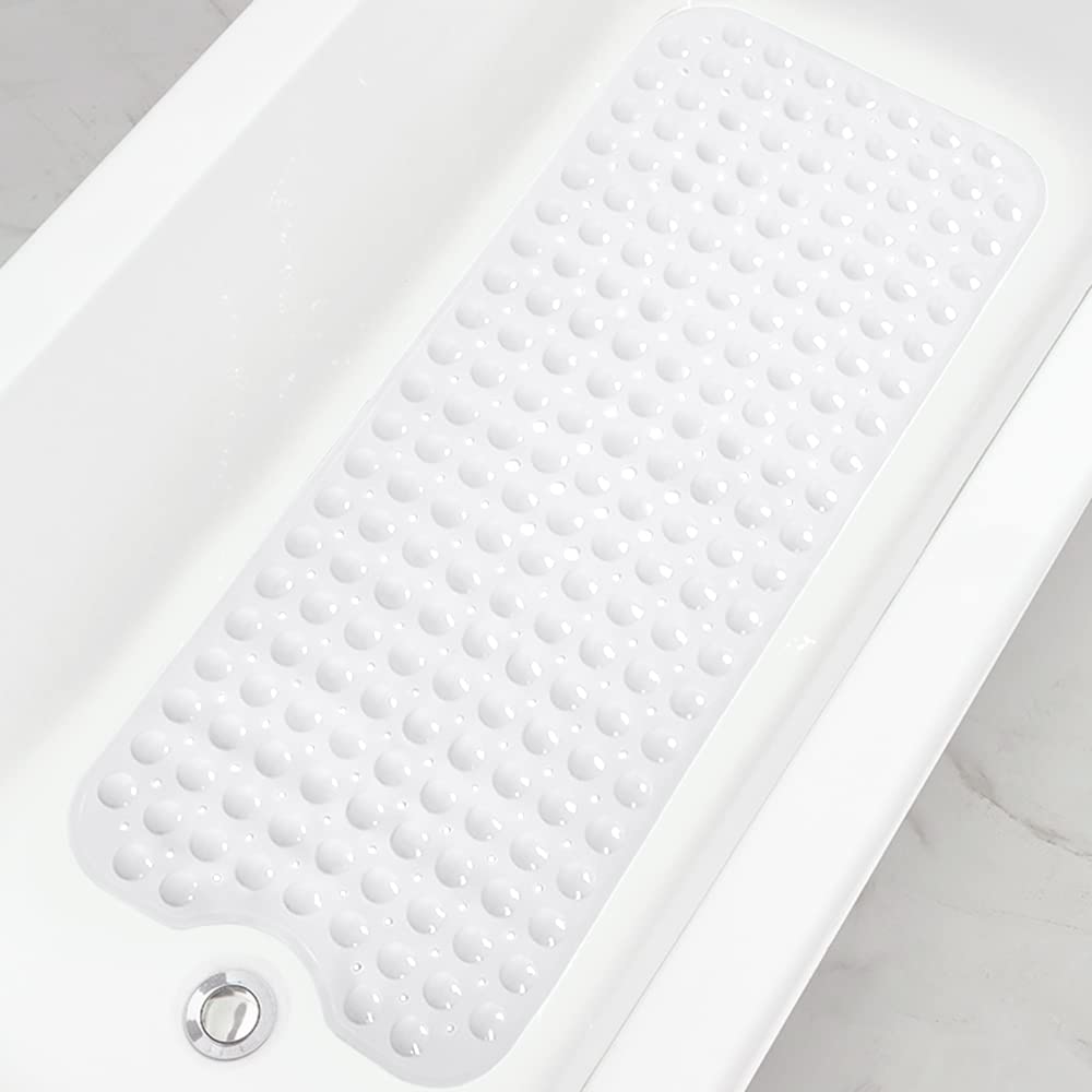Bathtub and Shower Mats, Extra Long Non-Slip Bath Tub Mat 39 x 16 Inch, Machine Washable Bathmat with Suction Cups & Drain Holes for Bathroom Floor, White