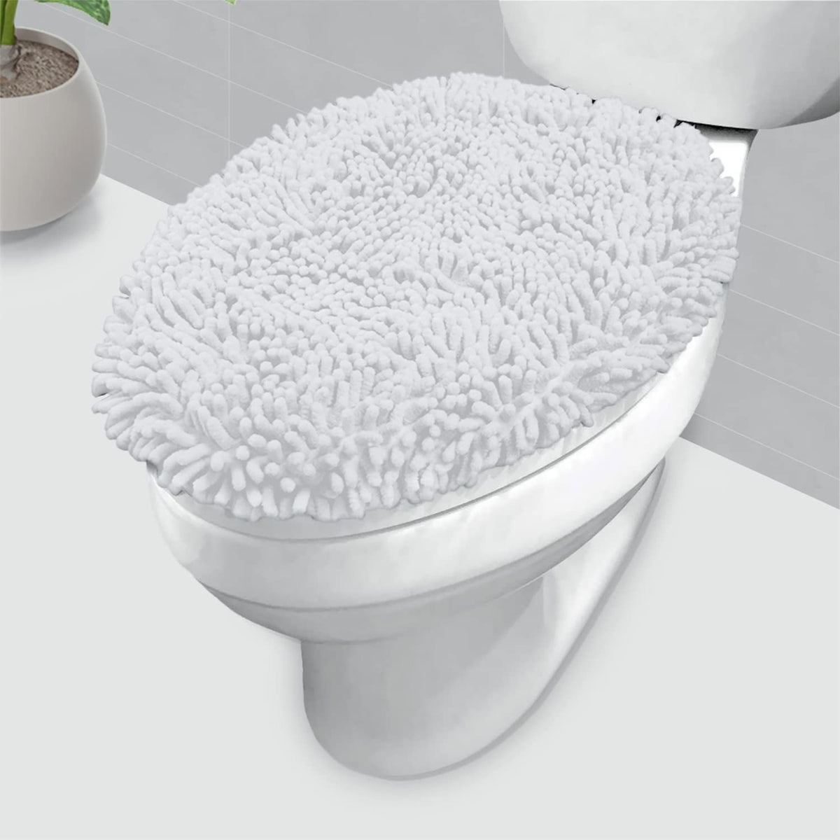 LuxUrux Toilet Lid Cover with Stretch Fit Elastic Band – Chenille Microfiber Toilet Seat Non-Slip Cover for Bathroom – Soft Plush, Machine Wash And Dry, Comfort & Clean Look (18 x 21'', Medium Blue)
