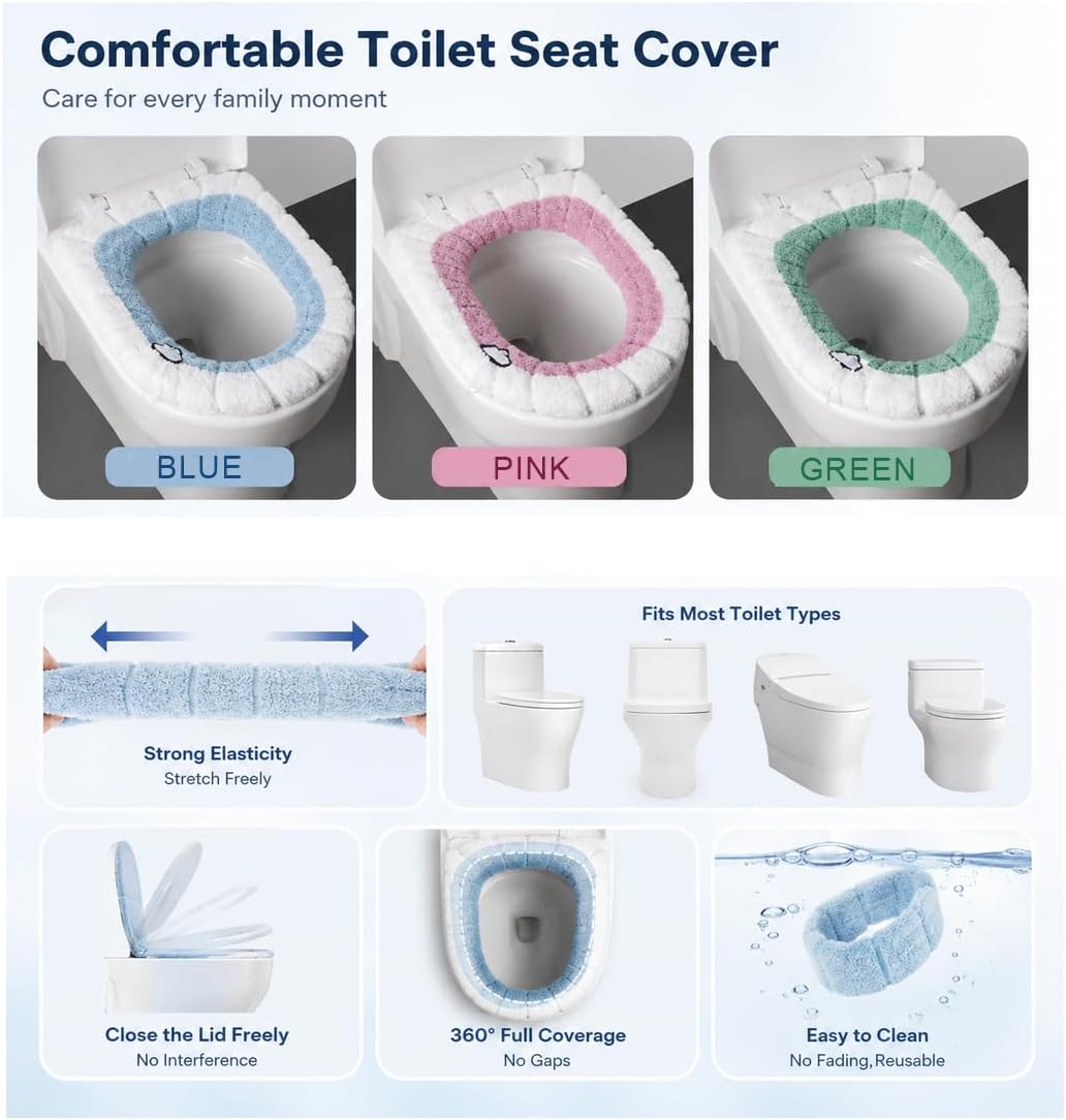 Easy Installation Comfortable Toilet Lid Bathroom Soft Thicker Warmer Stretchable Washable Cloth Toilet Seat Cover Pads (3PCS)