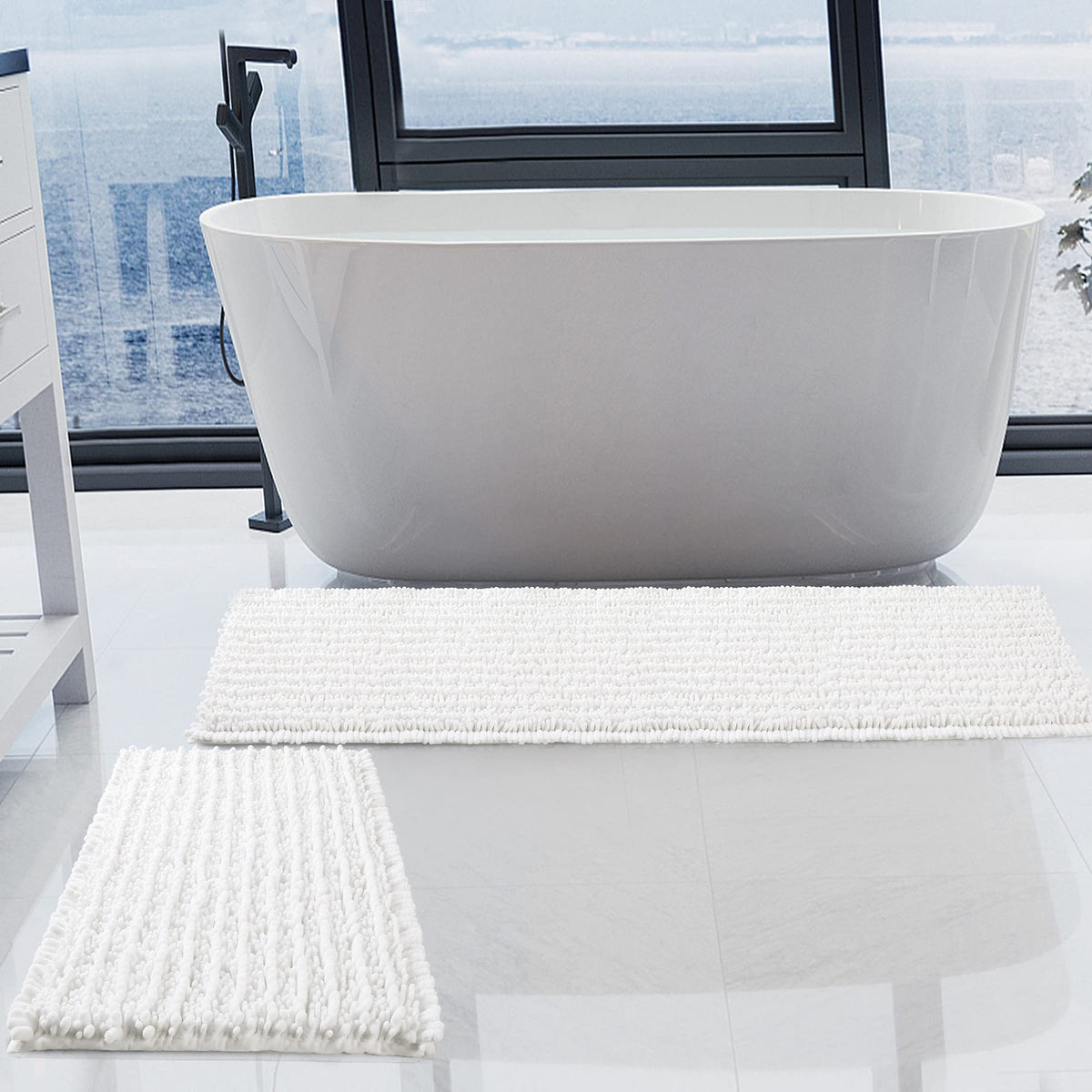 Luxury Chenille White Bathroom Rugs Sets 2 Piece, Thickened Hot Melt Rubber Bottom Bath Mats for Bathroom Non Slip,Bath Rugs Quick Dry Machine Washable for Shower Mat (32"x20"+17"x24")