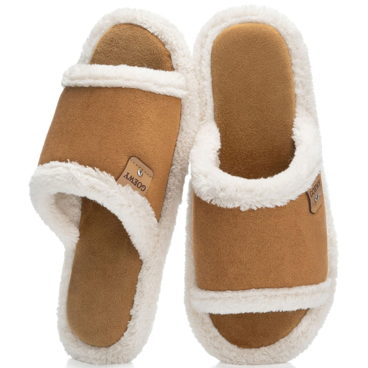 GOEWY Fuzzy Open Toe Slippers for Women Indoor with Comfy Memory Foam
