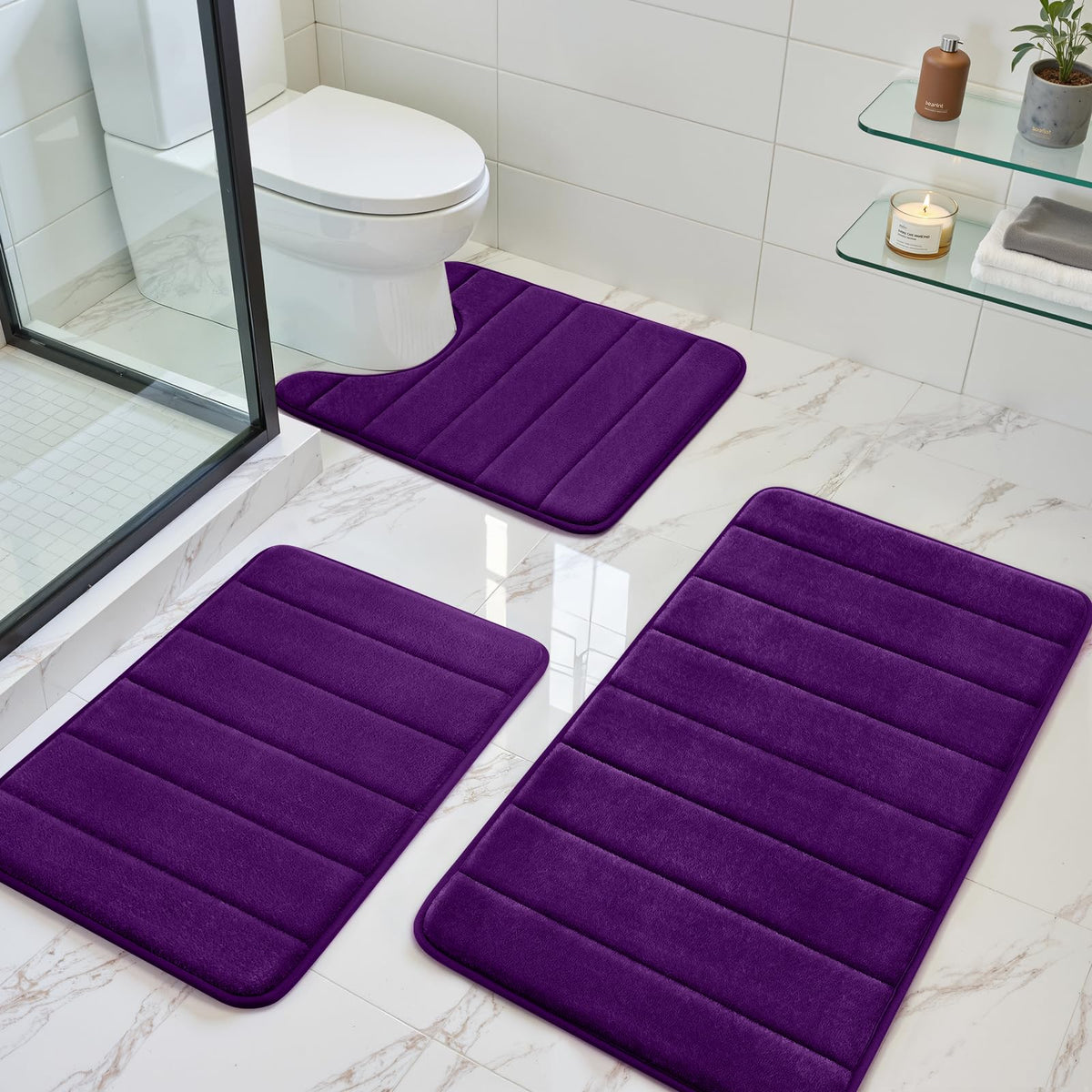 BYSURE Black Memory Foam Bathroom Rug Set 3 Piece 17"x24"+20"x32"+U Shape 20"x24"
