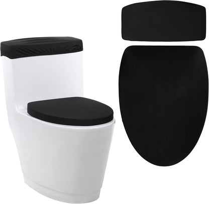 Larrel Black Toilet Lid Cover and Toilet Tank Lid Cover Set, Stretch Washable Polyester Toilet-Seat Covers, Universal Toilet-Cover Set for Most Toilets Tanks & Lids, Bathroom Decor Accessories