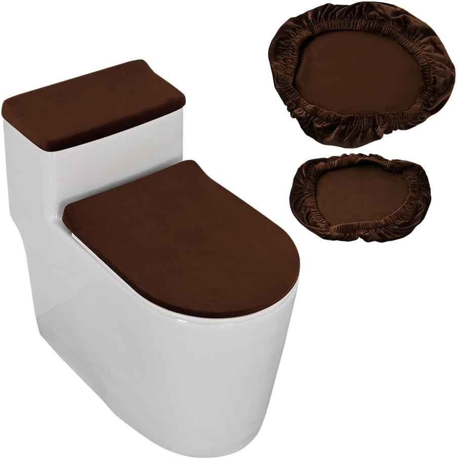 GORGECRAFT 2Pcs Toilet Lid Covers Stretch Velvet Toilet Lid Seat Cover Set with Elastic Bottom Soft Bathroom Fabric Wear Resistant Tank Covers Replacement Brown Universal Machine Washable