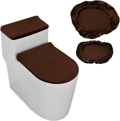 GORGECRAFT 2Pcs Toilet Lid Covers Stretch Velvet Toilet Lid Seat Cover Set with Elastic Bottom Soft Bathroom Fabric Wear Resistant Tank Covers Replacement Brown Universal Machine Washable