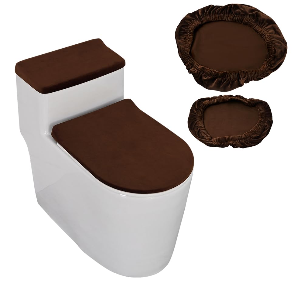 GORGECRAFT 2Pcs Toilet Lid Covers Stretch Velvet Toilet Lid Seat Cover Set with Elastic Bottom Soft Bathroom Fabric Wear Resistant Tank Covers Replacement Brown Universal Machine Washable