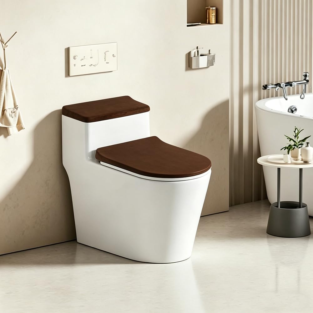 GORGECRAFT 2Pcs Toilet Lid Covers Stretch Velvet Toilet Lid Seat Cover Set with Elastic Bottom Soft Bathroom Fabric Wear Resistant Tank Covers Replacement Brown Universal Machine Washable