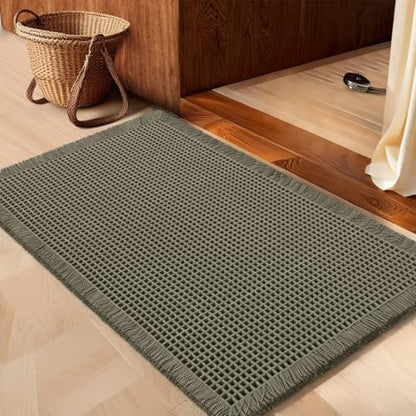 IM HOME Waffle Bath Mat Set 2 Piece Olive Green,Woven Modern Bath Rug Mats, Absorbent Non Slip Bath Floor Mat, Soft Washable Boho Bath Rugs with Tassels for Bathroom, Bedroom, Kitchen,Tub