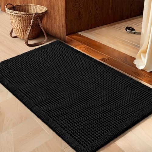 IM HOME Waffle Bath Mat Set 2 Piece Olive Green,Woven Modern Bath Rug Mats, Absorbent Non Slip Bath Floor Mat, Soft Washable Boho Bath Rugs with Tassels for Bathroom, Bedroom, Kitchen,Tub
