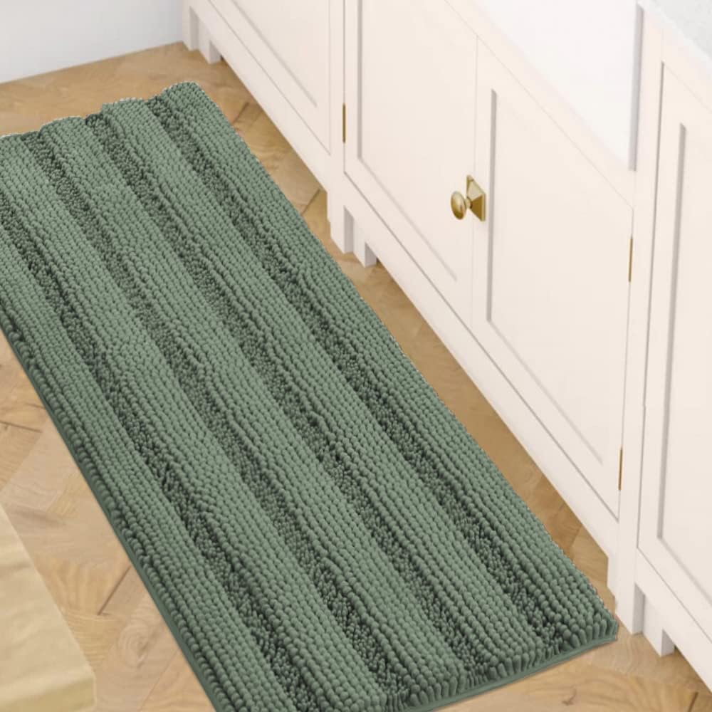 H.VERSAILTEX Bath Rugs for Bathroom Non Slip Bath Mats Extra Thick Chenille Striped Rug 20" x 32" Absorbent Non Skid Fluffy Soft Shaggy Washable Dry Fast Plush Mat for Indoor, Bath Room, Tub - Sage