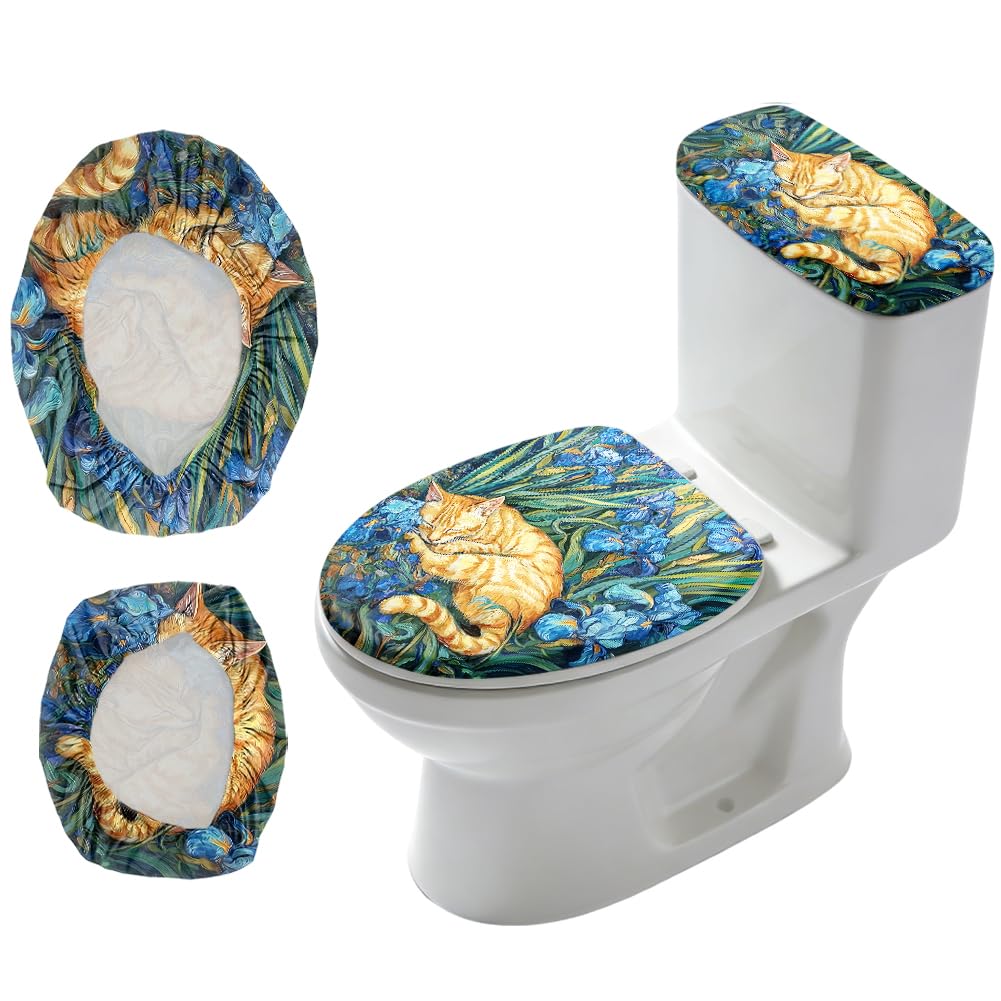 2Pcs Abstract Floral Toilet Lid Cover and Tank Cover Set Stretch Cover Sets Toilet Seat Covers Fabric Sets Machine Wash Fits Round Elongated Oblong for Bathroom Replacement