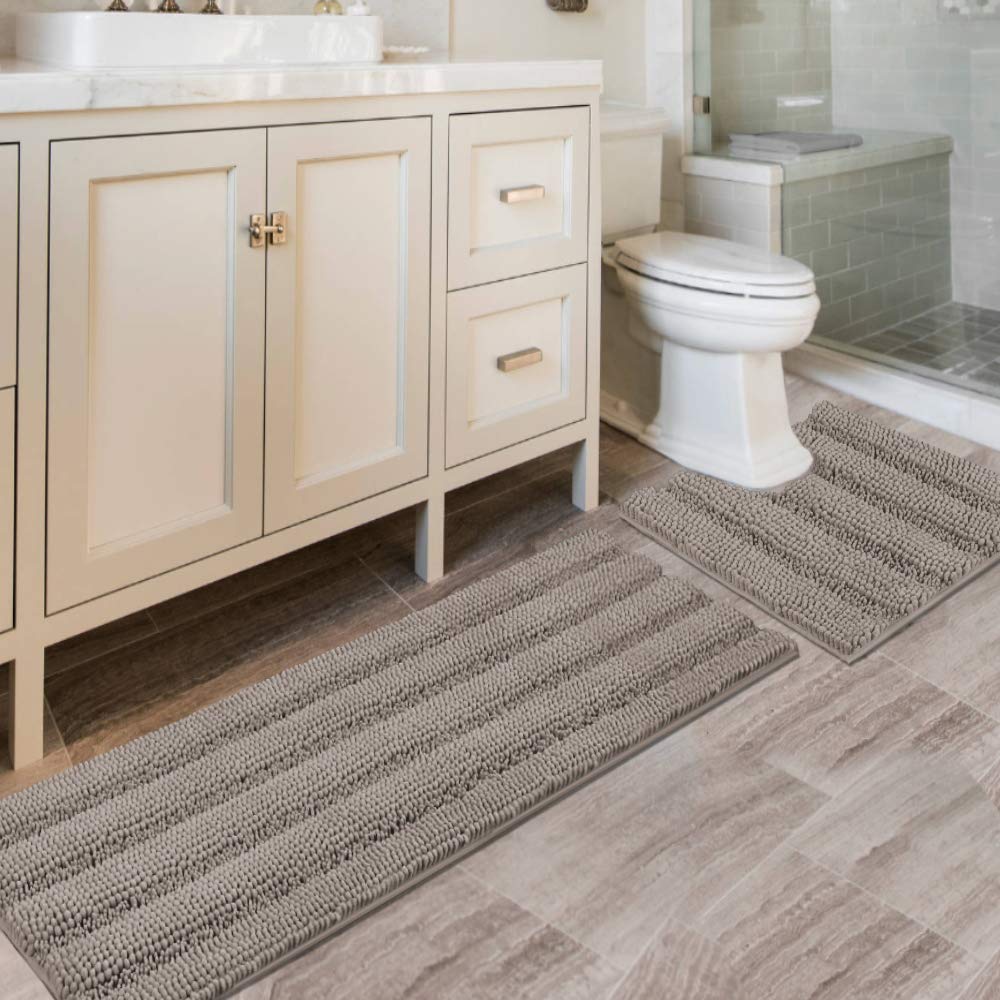 H.VERSAILTEX Sage Bathroom Rugs, Bath Mat Set of 2 Extra Thick Chenille Striped Pattern Shaggy Bath Rugs for Bath Room, Non Skid Bath Mats for Bathroom Floor (32 x 20 Plus 24 x 17 - Inches)