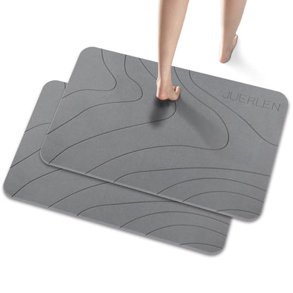 JUERLEN 2 Pack Diatomaceous Earth Shower Mat, Stone Bath Mat, Nonslip Super Absorbent Fast-Drying Hard Bath Mat for Bathroom Shower Floor, 24 x 16 inch, Grey Wave Design