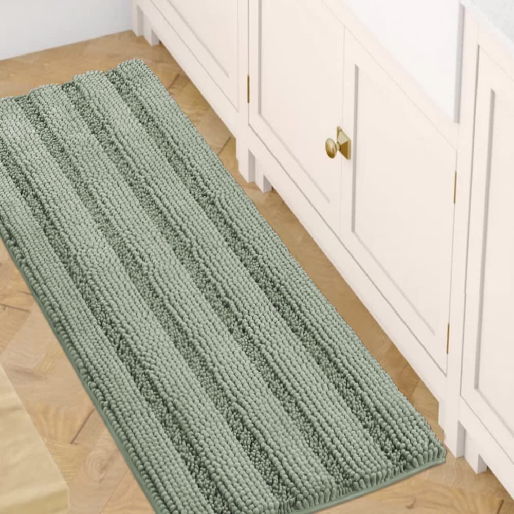 H.VERSAILTEX Bath Rugs for Bathroom Non Slip Bath Mats Extra Thick Chenille Striped Rug 20" x 32" Absorbent Non Skid Fluffy Soft Shaggy Washable Dry Fast Plush Mat for Indoor, Bath Room, Tub - Sage