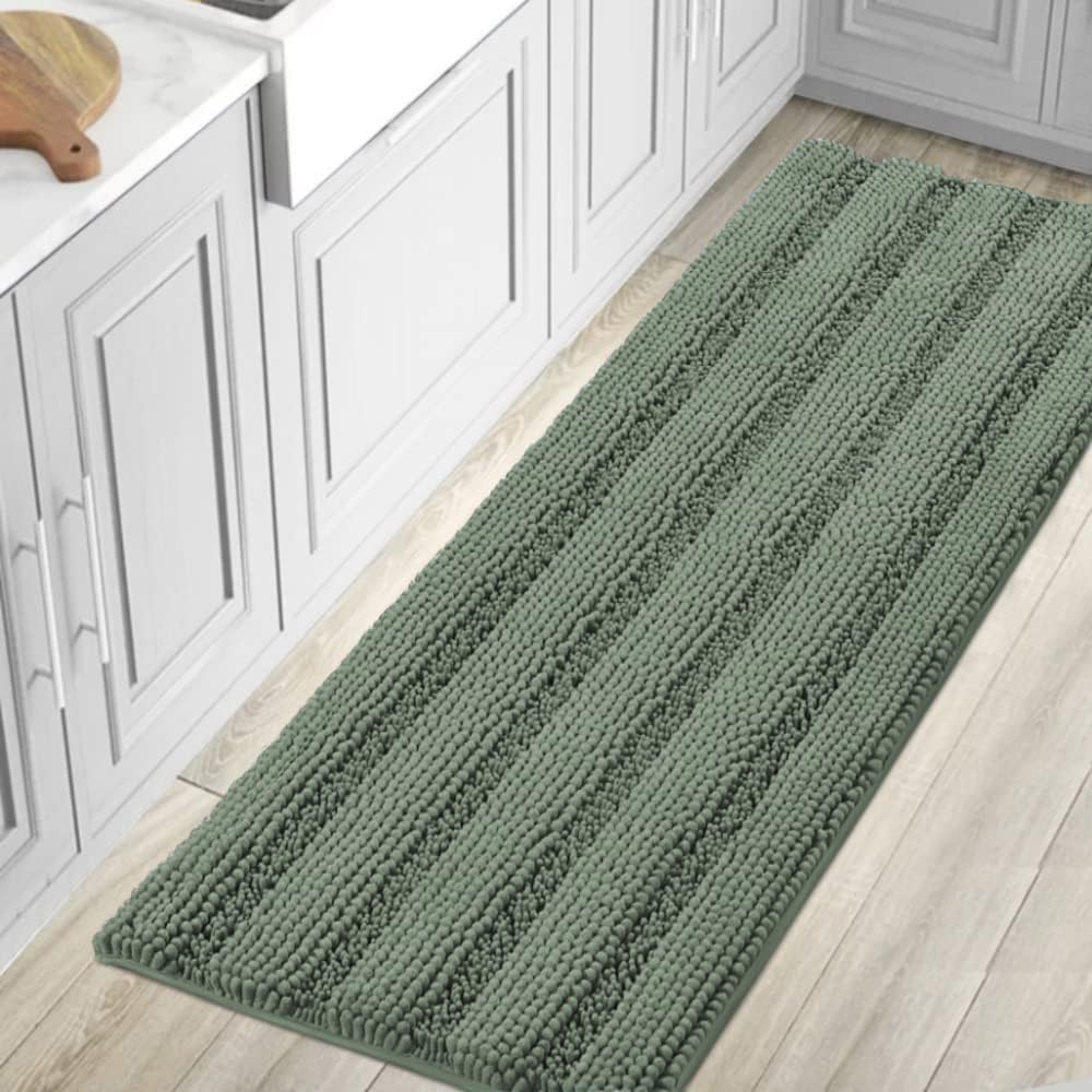 H.VERSAILTEX Bath Rugs for Bathroom Non Slip Bath Mats Extra Thick Chenille Striped Rug 20" x 32" Absorbent Non Skid Fluffy Soft Shaggy Washable Dry Fast Plush Mat for Indoor, Bath Room, Tub - Sage