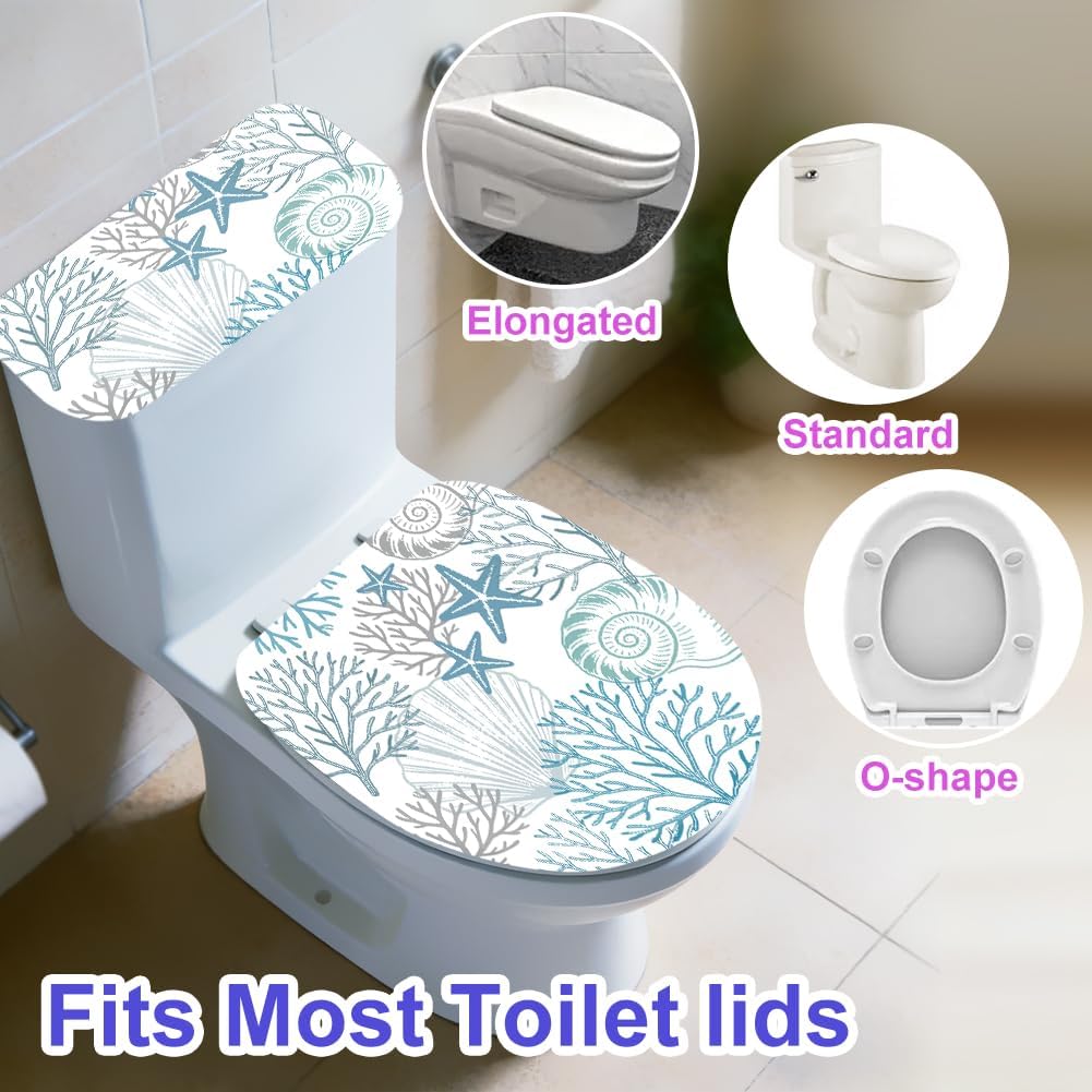 2Pcs Ocean Theme Toilet Lid Cover and Tank Cover Set Coastal Stretch Cover Set Pumpkin Toilet Seat Covers Fabric Sets Machine Wash Fits Round Elongated Oblong for Bathroom Replacement