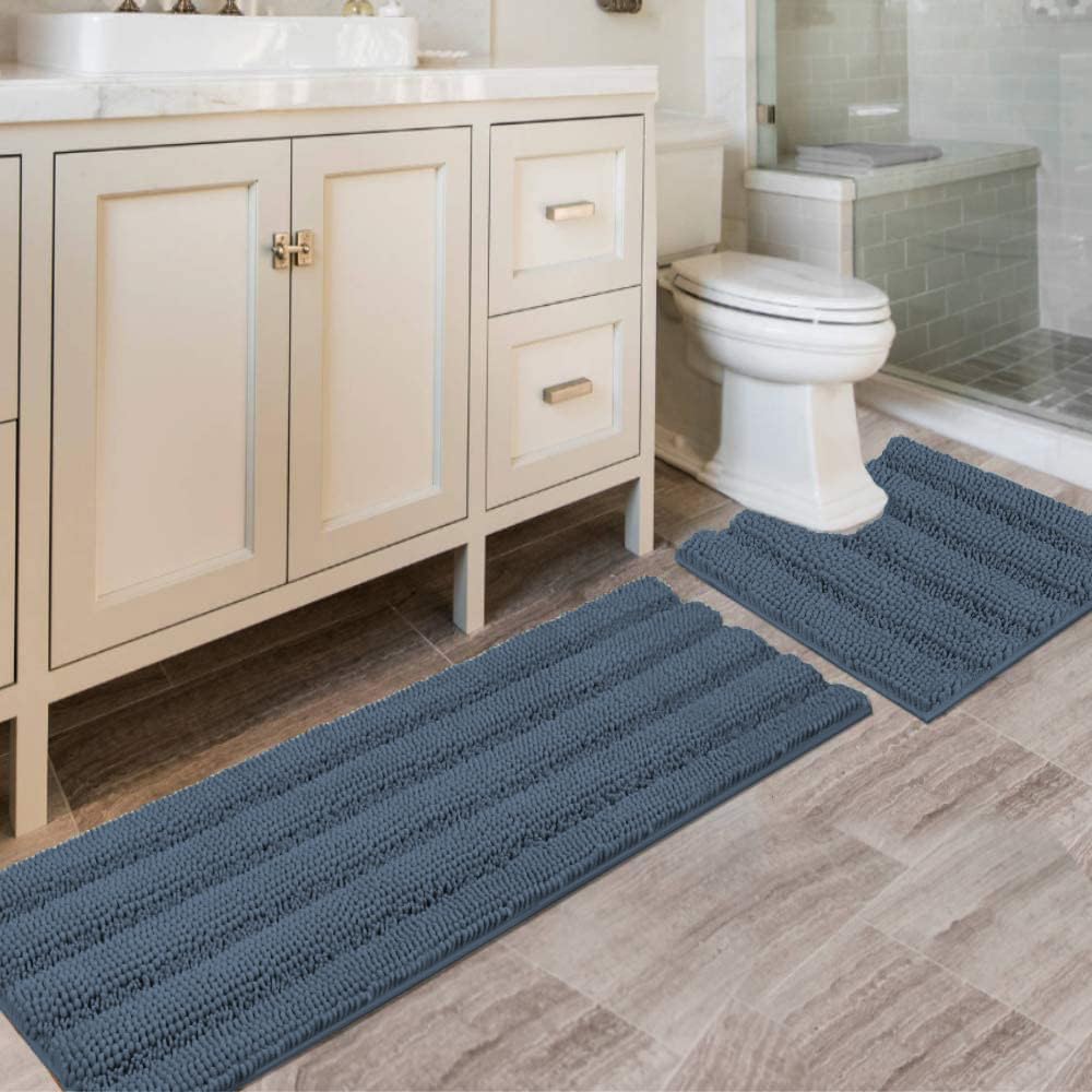 H.VERSAILTEX Bath Rugs for Bathroom Non Slip Bath Mats Extra Thick Chenille Striped Rug 20" x 32" Absorbent Non Skid Fluffy Soft Shaggy Washable Dry Fast Plush Mat for Indoor, Bath Room, Tub - Sage