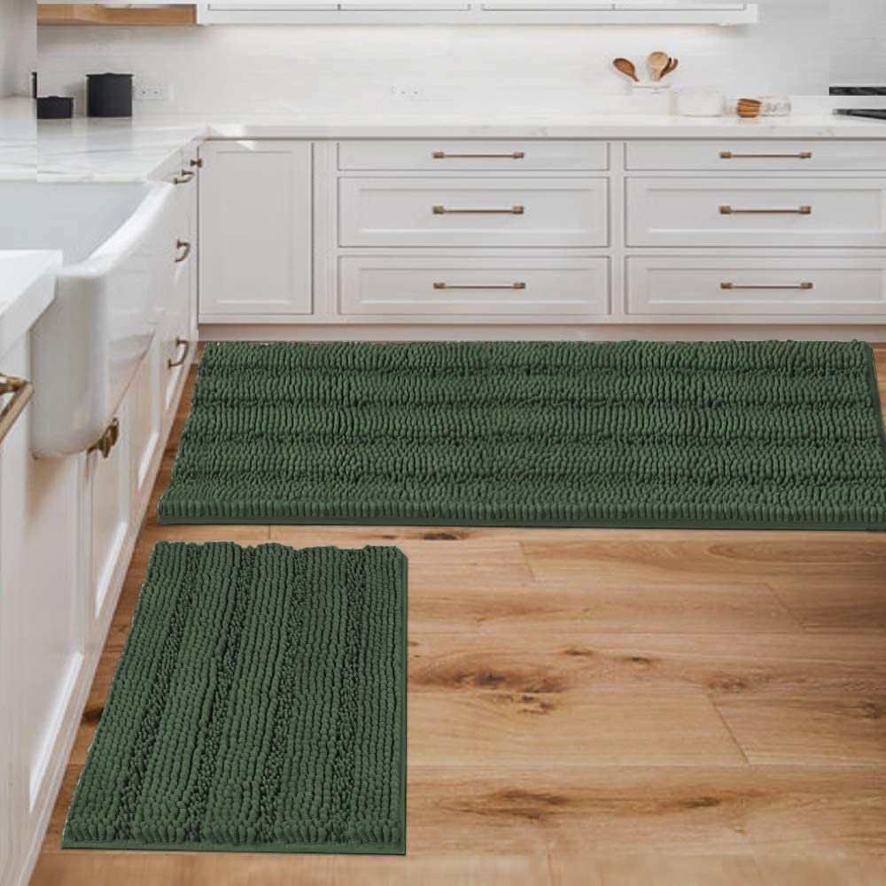 H.VERSAILTEX Bath Rugs for Bathroom Non Slip Bath Mats Extra Thick Chenille Striped Rug 20" x 32" Absorbent Non Skid Fluffy Soft Shaggy Washable Dry Fast Plush Mat for Indoor, Bath Room, Tub - Sage