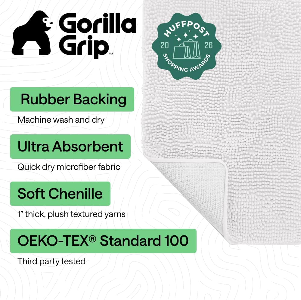 GORILLA GRIP Bath Rug Mat for Bathroom, Absorbent Chenille, 24x17 White