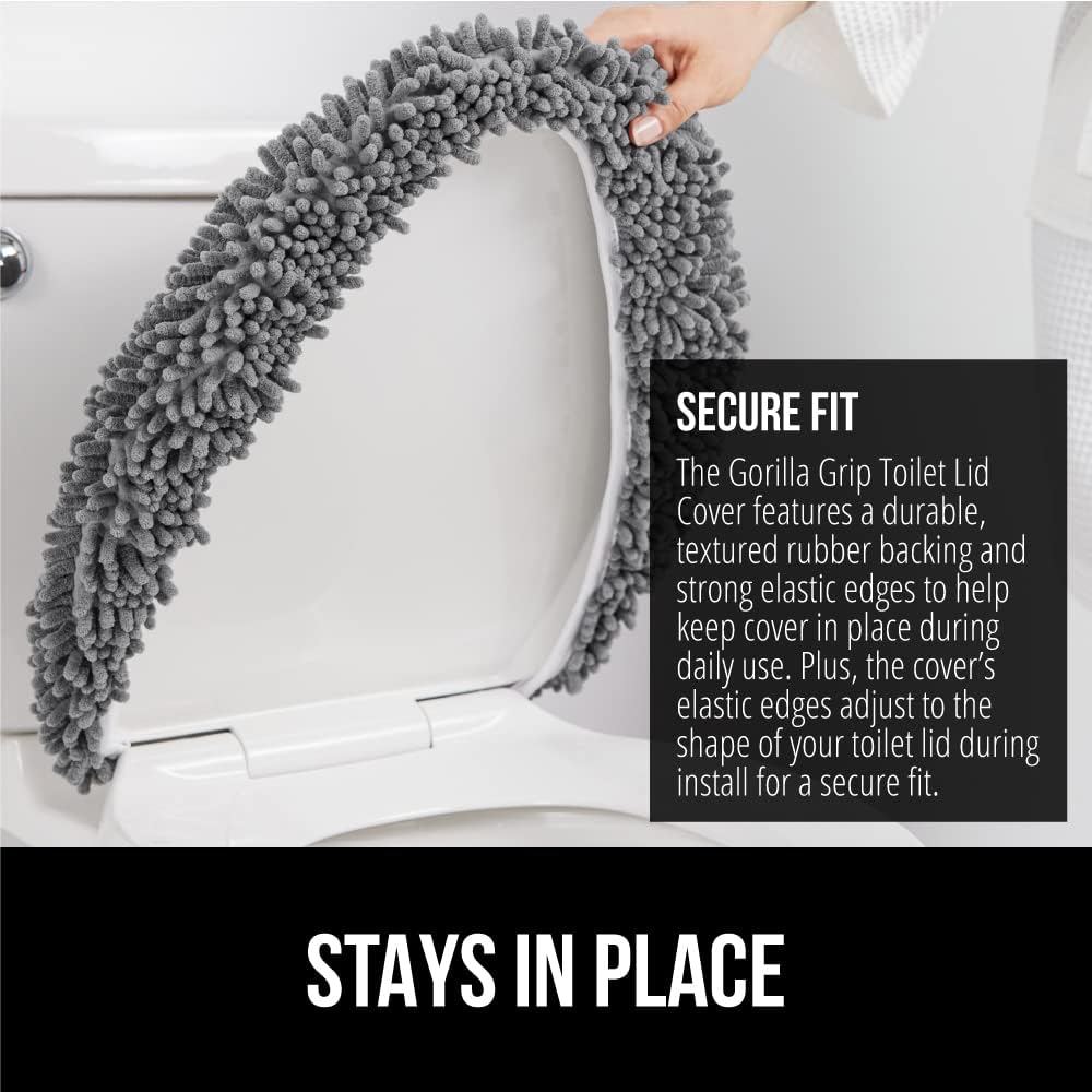 GORILLA GRIP Soft Chenille Toilet Lid Seat Cover, 19.5x18.5 Gray