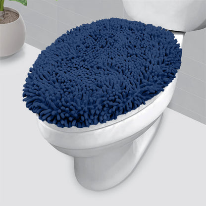 LuxUrux Toilet Lid Cover with Stretch Fit Elastic Band – Chenille Microfiber Toilet Seat Non-Slip Cover for Bathroom – Soft Plush, Machine Wash And Dry, Comfort & Clean Look (18 x 21'', Medium Blue)