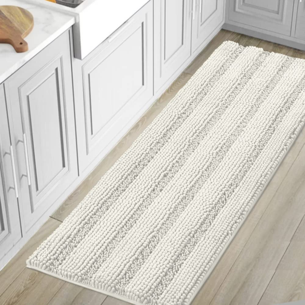 H.VERSAILTEX Sage Bathroom Rugs, Bath Mat Set of 2 Extra Thick Chenille Striped Pattern Shaggy Bath Rugs for Bath Room, Non Skid Bath Mats for Bathroom Floor (32 x 20 Plus 24 x 17 - Inches)