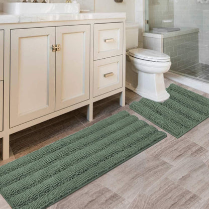 H.VERSAILTEX Bath Rugs for Bathroom Non Slip Bath Mats Extra Thick Chenille Striped Rug 20" x 32" Absorbent Non Skid Fluffy Soft Shaggy Washable Dry Fast Plush Mat for Indoor, Bath Room, Tub - Sage