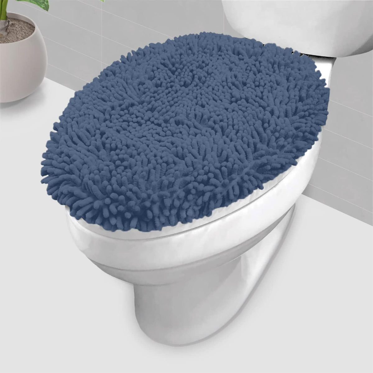 LuxUrux Toilet Lid Cover with Stretch Fit Elastic Band – Chenille Microfiber Toilet Seat Non-Slip Cover for Bathroom – Soft Plush, Machine Wash And Dry, Comfort & Clean Look (18 x 21'', Medium Blue)