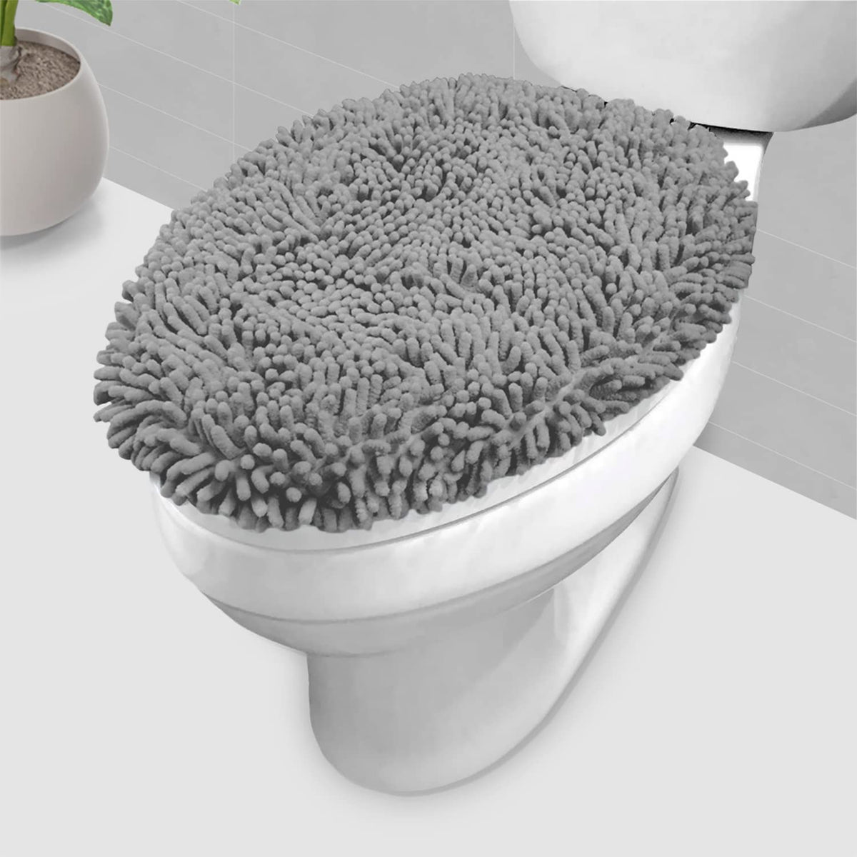LuxUrux Toilet Lid Cover with Stretch Fit Elastic Band – Chenille Microfiber Toilet Seat Non-Slip Cover for Bathroom – Soft Plush, Machine Wash And Dry, Comfort & Clean Look (18 x 18'', Birch)