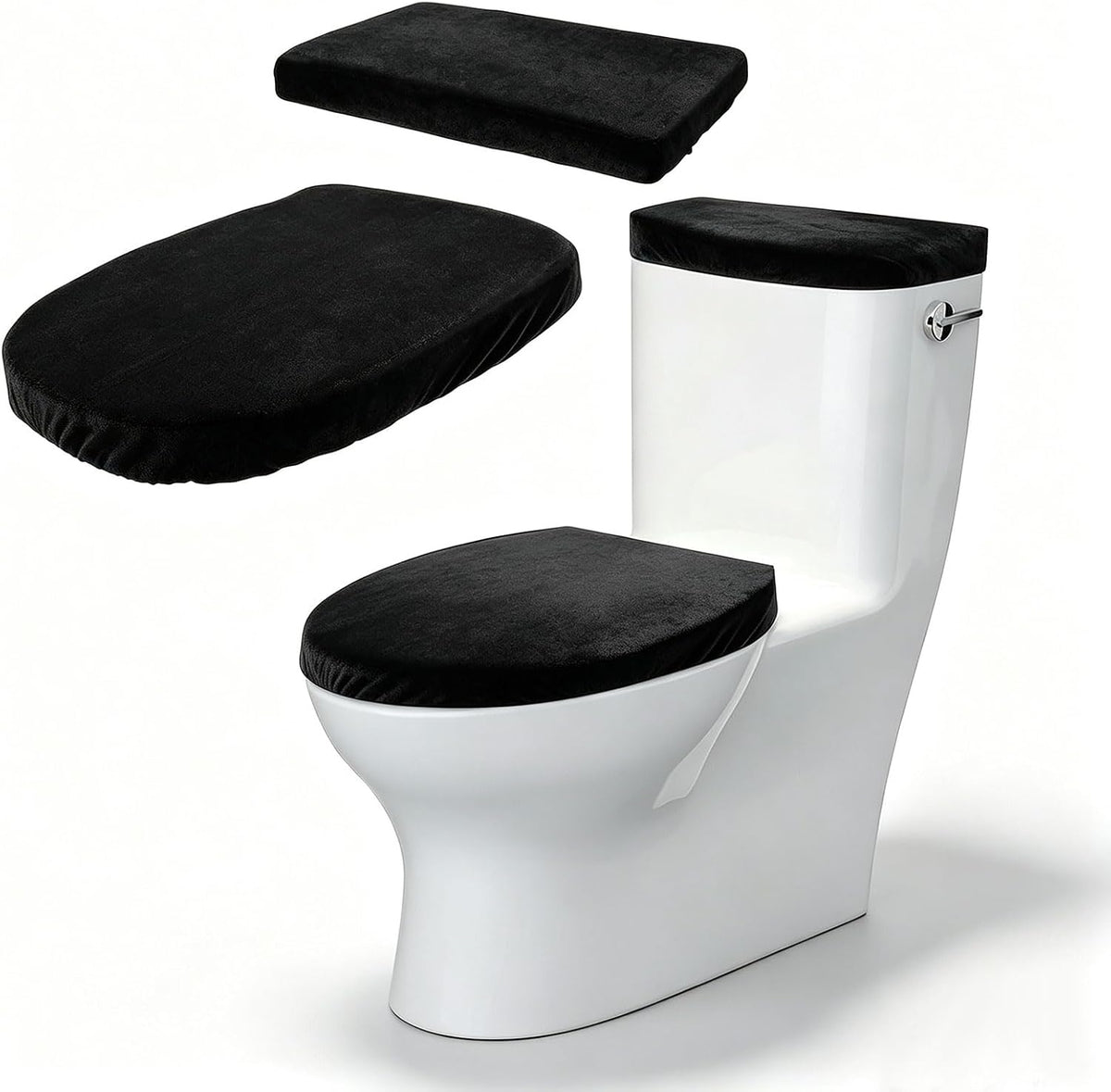 Toilet Seat Lid Cover, Mabor 2 Pcs Black Toilet Lid Covers, Elastic Bottom Tank Shroud, Stretchy Washable Top Mat Cloth Set for Bathroom