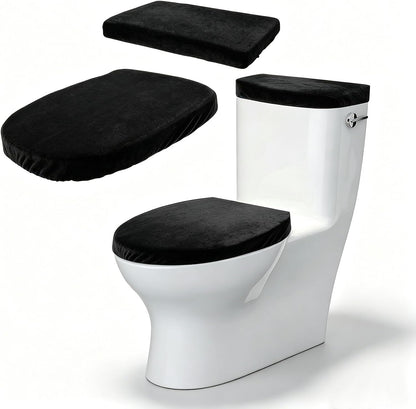 Toilet Seat Lid Cover, Mabor 2 Pcs Black Toilet Lid Covers, Elastic Bottom Tank Shroud, Stretchy Washable Top Mat Cloth Set for Bathroom