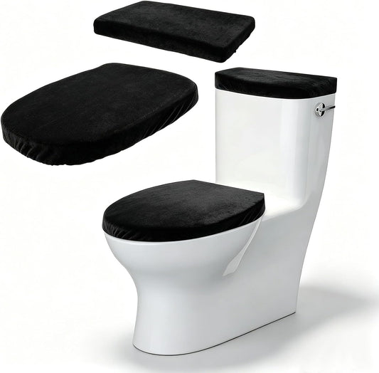 Toilet Seat Lid Cover, Mabor 2 Pcs Black Toilet Lid Covers, Elastic Bottom Tank Shroud, Stretchy Washable Top Mat Cloth Set for Bathroom