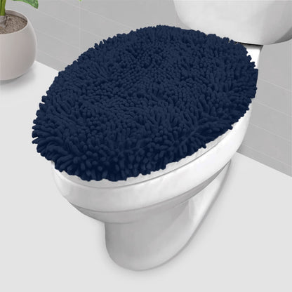 LuxUrux Toilet Lid Cover with Stretch Fit Elastic Band – Chenille Microfiber Toilet Seat Non-Slip Cover for Bathroom – Soft Plush, Machine Wash And Dry, Comfort & Clean Look (18 x 21'', Medium Blue)