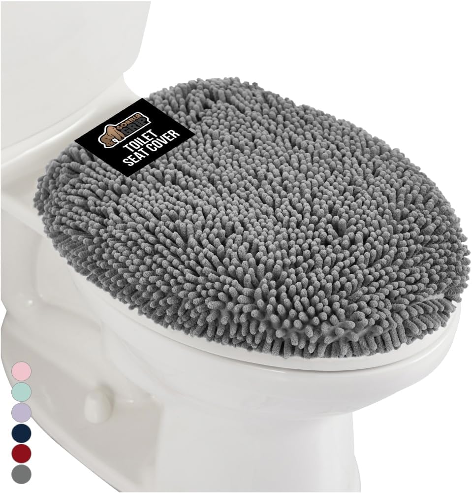 GORILLA GRIP Soft Chenille Toilet Lid Seat Cover, 19.5x18.5 Gray