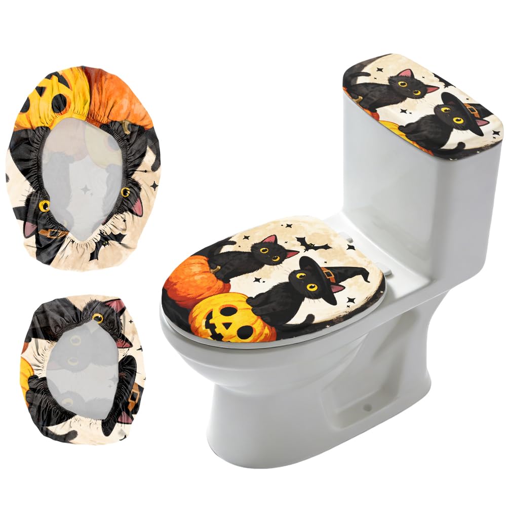 2Pcs Ocean Theme Toilet Lid Cover and Tank Cover Set Coastal Stretch Cover Set Pumpkin Toilet Seat Covers Fabric Sets Machine Wash Fits Round Elongated Oblong for Bathroom Replacement