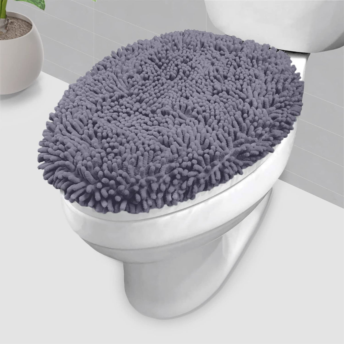 LuxUrux Toilet Lid Cover with Stretch Fit Elastic Band – Chenille Microfiber Toilet Seat Non-Slip Cover for Bathroom – Soft Plush, Machine Wash And Dry, Comfort & Clean Look (18 x 18'', Birch)