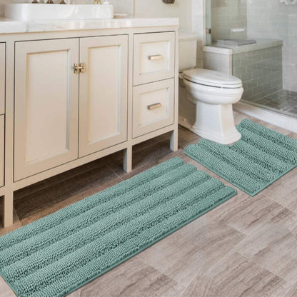 H.VERSAILTEX Bath Rugs for Bathroom Non Slip Bath Mats Extra Thick Chenille Striped Rug 20" x 32" Absorbent Non Skid Fluffy Soft Shaggy Washable Dry Fast Plush Mat for Indoor, Bath Room, Tub - Sage
