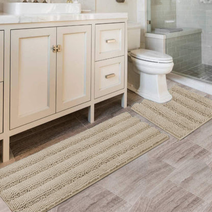 H.VERSAILTEX Sage Bathroom Rugs, Bath Mat Set of 2 Extra Thick Chenille Striped Pattern Shaggy Bath Rugs for Bath Room, Non Skid Bath Mats for Bathroom Floor (32 x 20 Plus 24 x 17 - Inches)