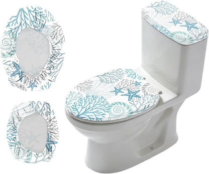 2Pcs Ocean Theme Toilet Lid Cover and Tank Cover Set Coastal Stretch Cover Set Pumpkin Toilet Seat Covers Fabric Sets Machine Wash Fits Round Elongated Oblong for Bathroom Replacement