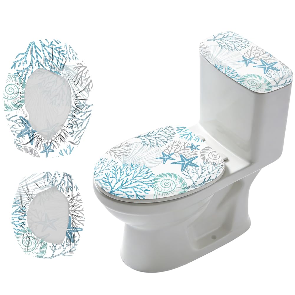 2Pcs Ocean Theme Toilet Lid Cover and Tank Cover Set Coastal Stretch Cover Set Pumpkin Toilet Seat Covers Fabric Sets Machine Wash Fits Round Elongated Oblong for Bathroom Replacement