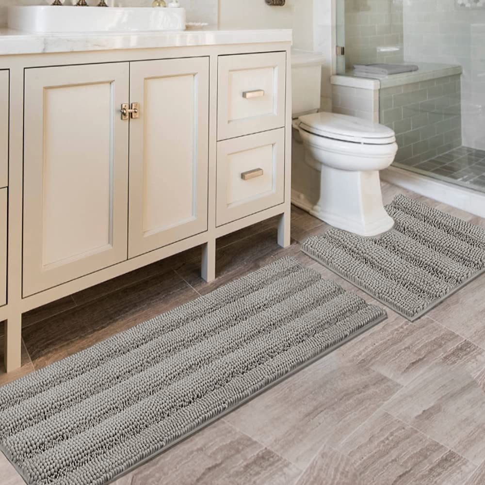 H.VERSAILTEX Bath Rugs for Bathroom Non Slip Bath Mats Extra Thick Chenille Striped Rug 20" x 32" Absorbent Non Skid Fluffy Soft Shaggy Washable Dry Fast Plush Mat for Indoor, Bath Room, Tub - Sage