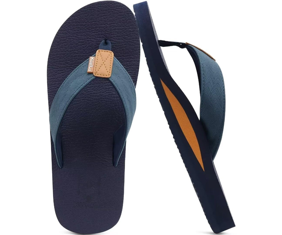 KuaiLu Mens Faux Leather Flip Flops with Comfortable Arch Support