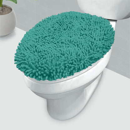 LuxUrux Toilet Lid Cover with Stretch Fit Elastic Band – Chenille Microfiber Toilet Seat Non-Slip Cover for Bathroom – Soft Plush, Machine Wash And Dry, Comfort & Clean Look (18 x 21'', Medium Blue)