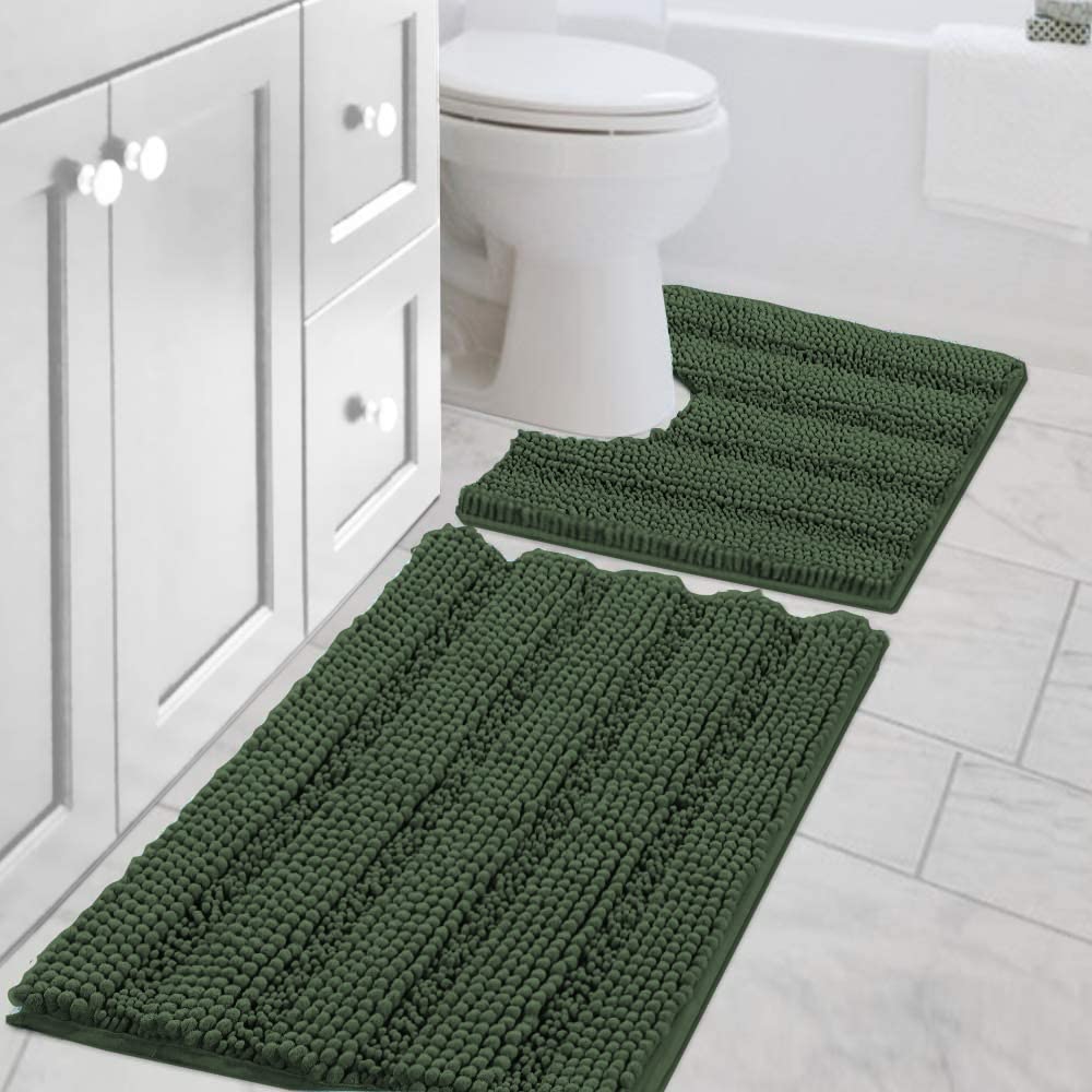 H.VERSAILTEX Bath Rugs for Bathroom Non Slip Bath Mats Extra Thick Chenille Striped Rug 20" x 32" Absorbent Non Skid Fluffy Soft Shaggy Washable Dry Fast Plush Mat for Indoor, Bath Room, Tub - Sage