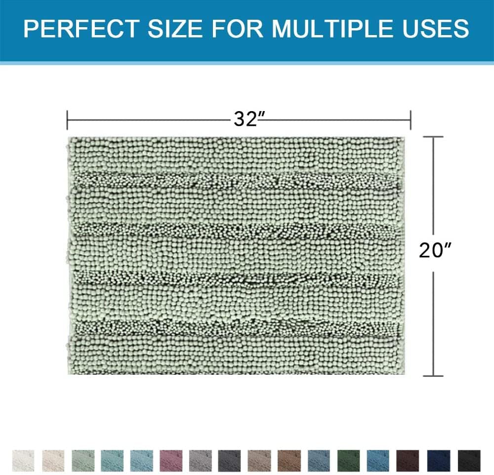 H.VERSAILTEX Bath Rugs for Bathroom Non Slip Bath Mats Extra Thick Chenille Striped Rug 20" x 32" Absorbent Non Skid Fluffy Soft Shaggy Washable Dry Fast Plush Mat for Indoor, Bath Room, Tub - Sage