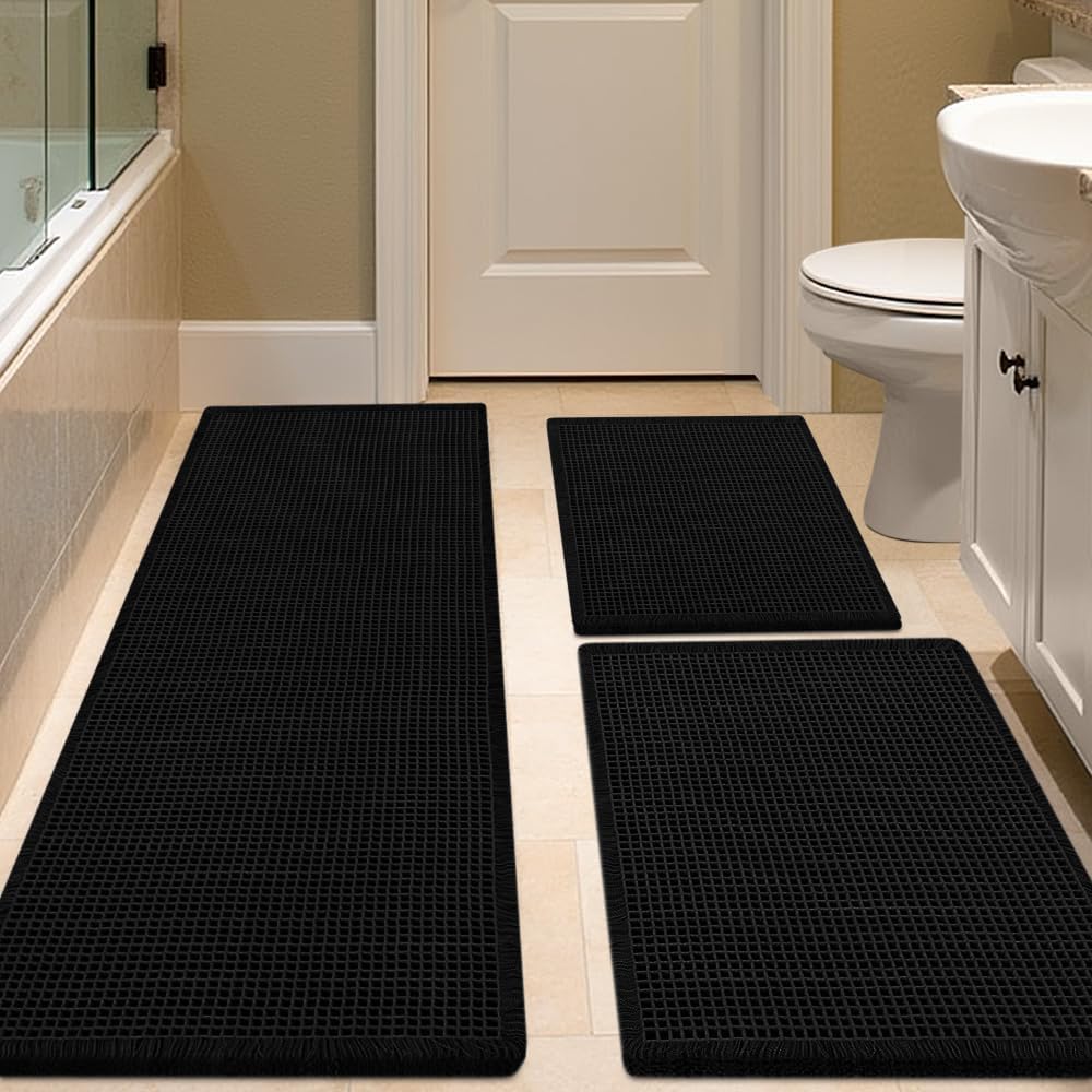 IM HOME Waffle Bath Mat Set 2 Piece Olive Green,Woven Modern Bath Rug Mats, Absorbent Non Slip Bath Floor Mat, Soft Washable Boho Bath Rugs with Tassels for Bathroom, Bedroom, Kitchen,Tub