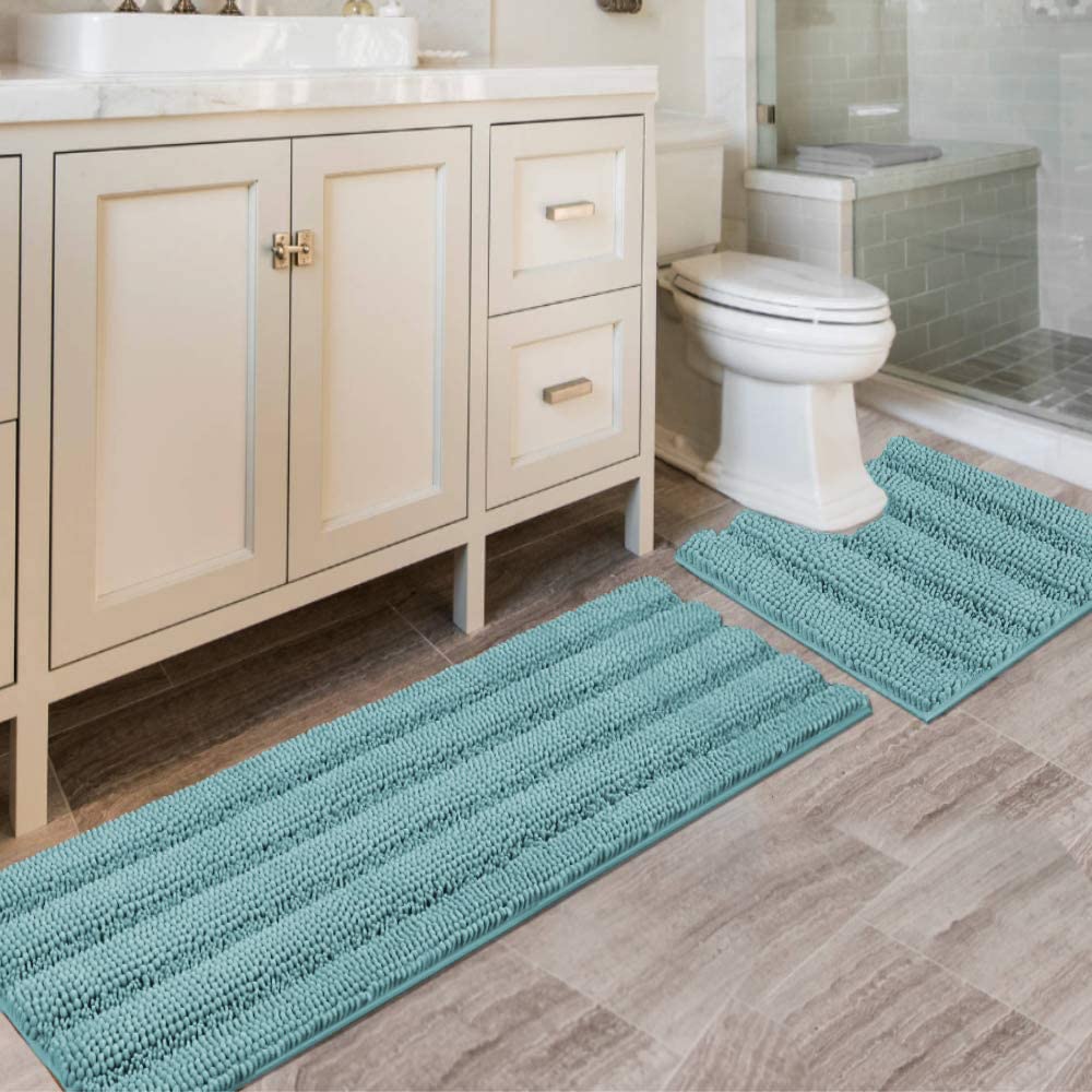 H.VERSAILTEX Bath Rugs for Bathroom Non Slip Bath Mats Extra Thick Chenille Striped Rug 20" x 32" Absorbent Non Skid Fluffy Soft Shaggy Washable Dry Fast Plush Mat for Indoor, Bath Room, Tub - Sage