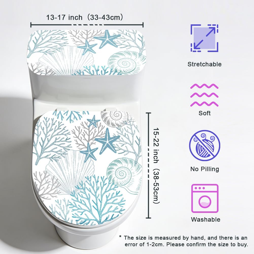 2Pcs Ocean Theme Toilet Lid Cover and Tank Cover Set Coastal Stretch Cover Set Pumpkin Toilet Seat Covers Fabric Sets Machine Wash Fits Round Elongated Oblong for Bathroom Replacement