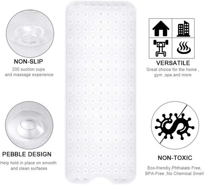 YINENN Bath and Shower Safety Mats 40x16 inch, Non Slip with Suction Cups for Bathroom Stall and Tub Floor, Extra Large and Machine Washable, Drain Holes Keep Bathtub Clean, Clear