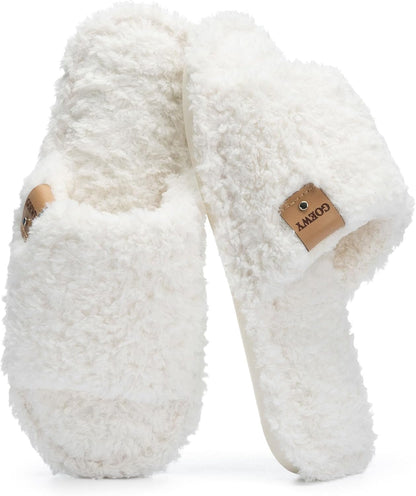 GOEWY Fuzzy Open Toe Slippers for Women Indoor with Comfy Memory Foam
